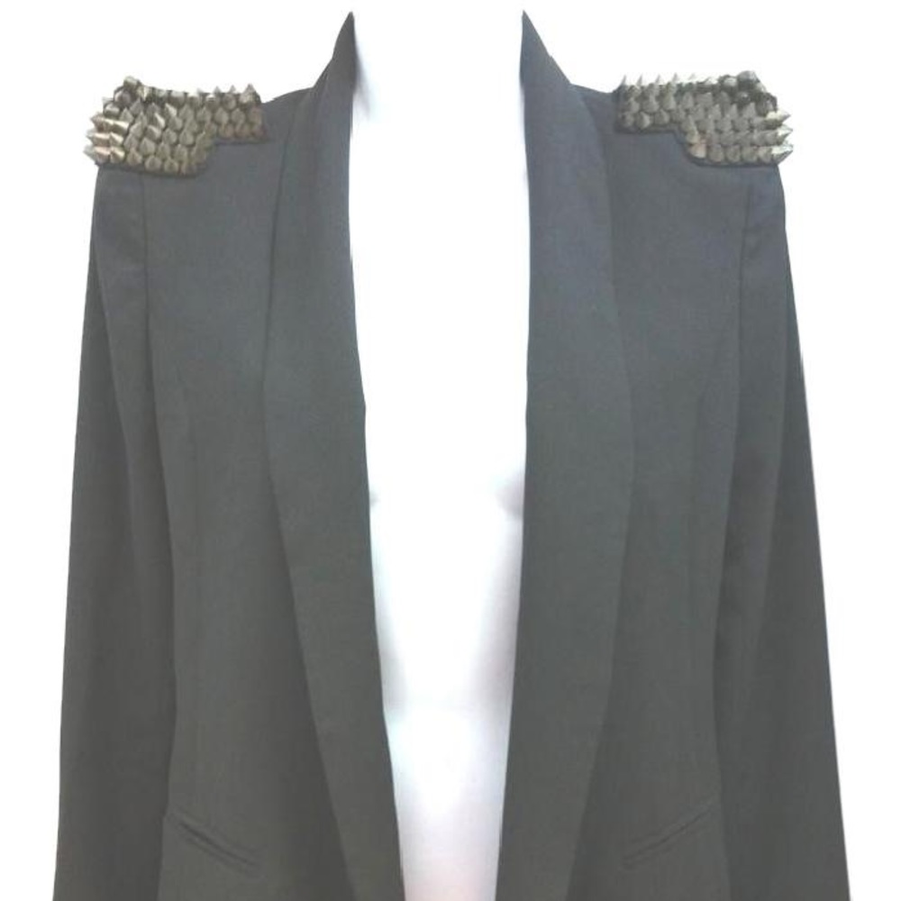 Studded Shoulders Open Front Black Jacket Blazer